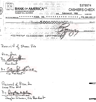Steve Jobs check to Lucasfilm for Pixar technology